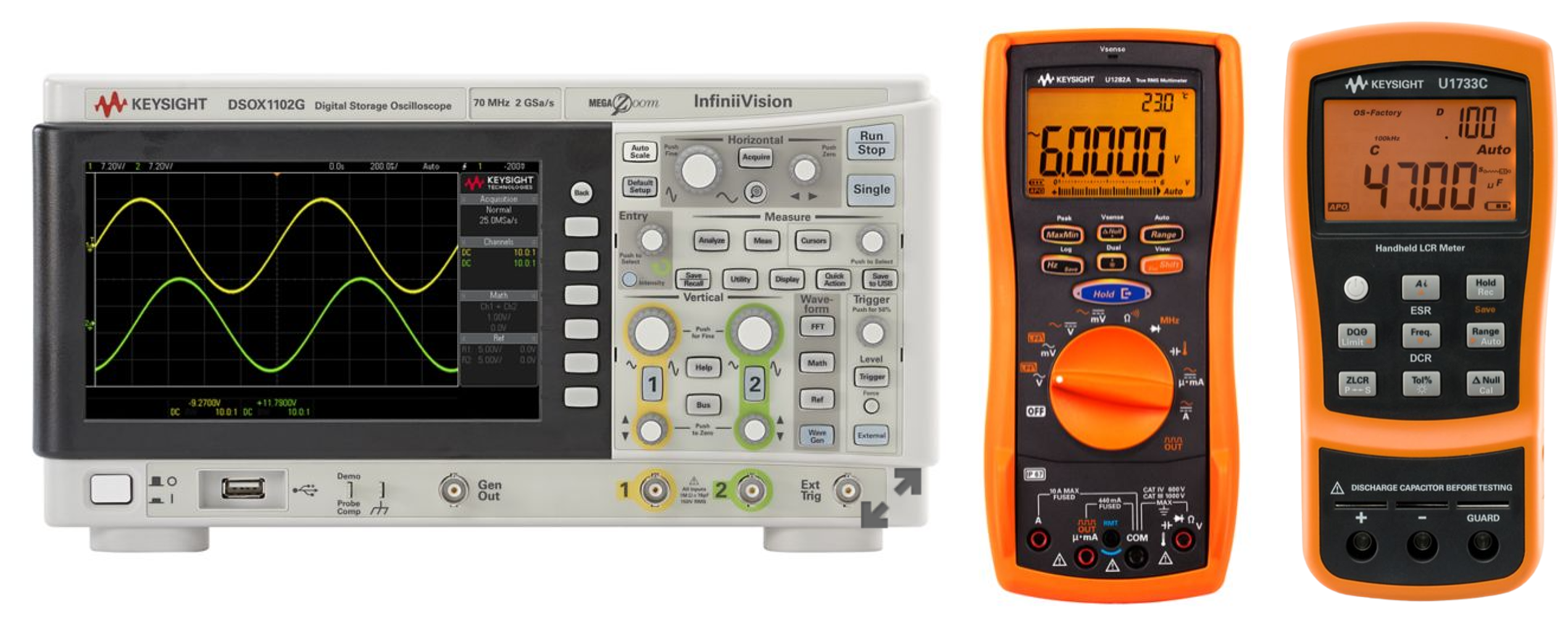DSOX1102G 示波器x1台, U1282A手持式數位萬用電錶x1台以及U1733C手持式 LCR 錶x2台