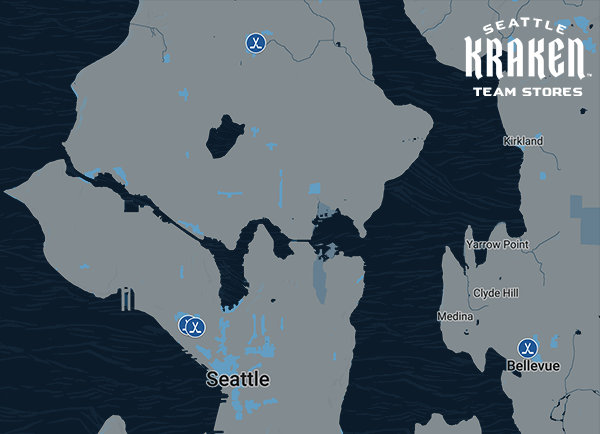 Cropped grey map of greater Seattle area, with circular blue icons identifying the location of team stores. 