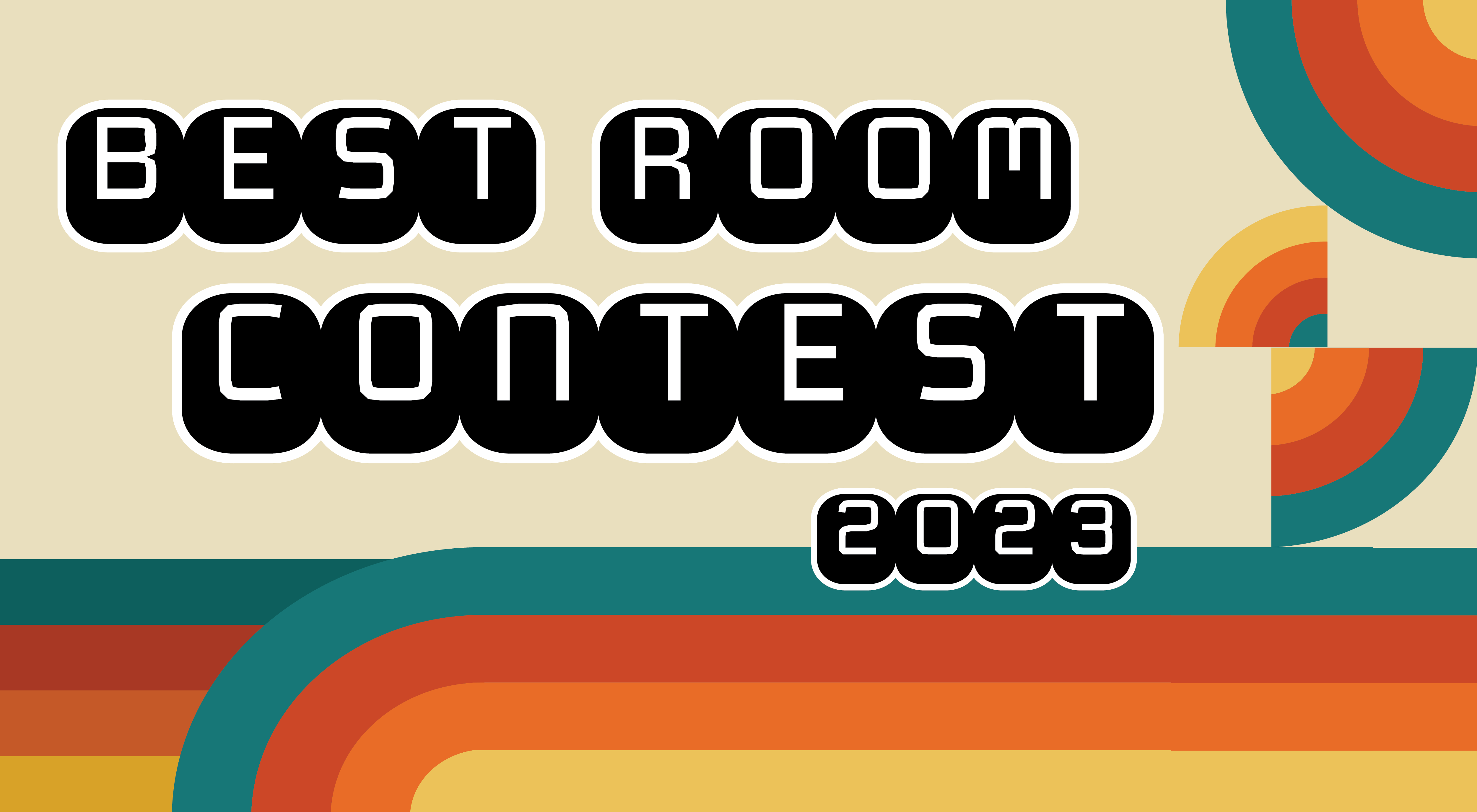 "Best Room Contest 2023" text over a 70s-inspired colorful graphic background