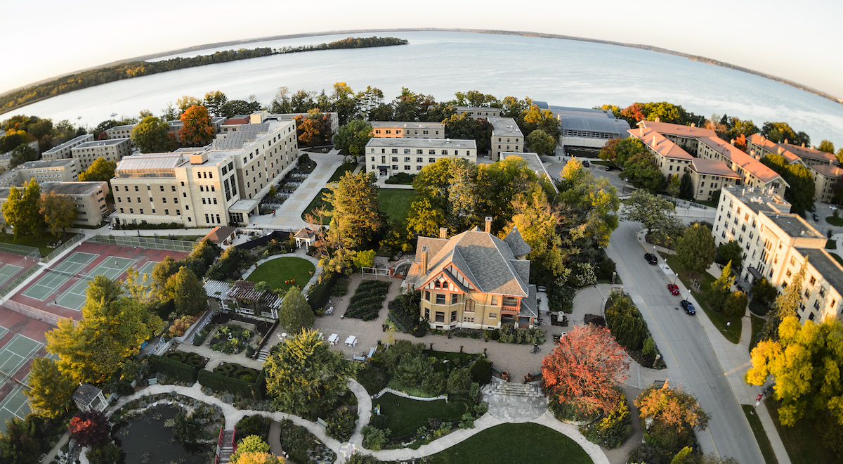 Aerial photo of Lakeshore residence halls and nearby buildings