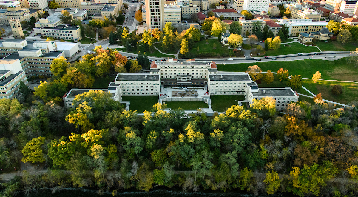 Aerial view of Waters Hall and surrounding landscape