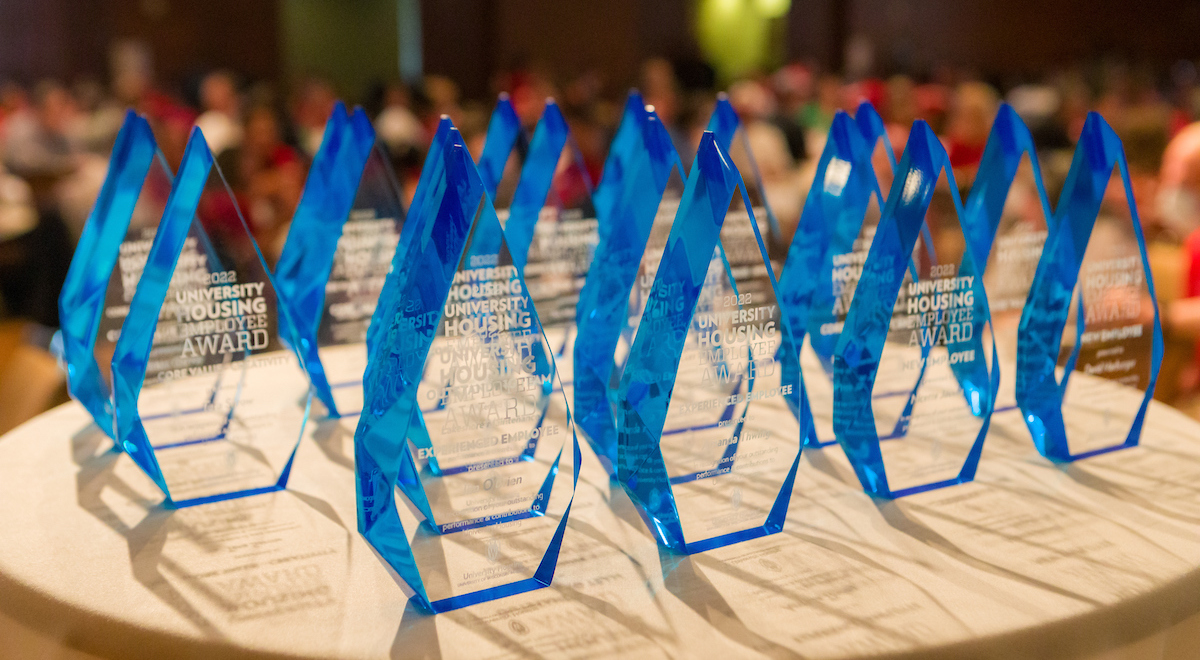 Several blue employee awards lined up for display