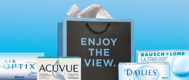 Enjoy the view Eyeconic bag and contact lens boxes.