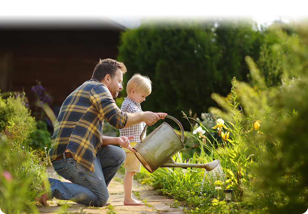 Dad and son watering a plant.