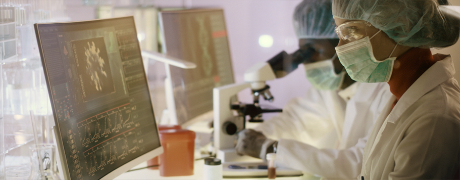 Masked doctors researching