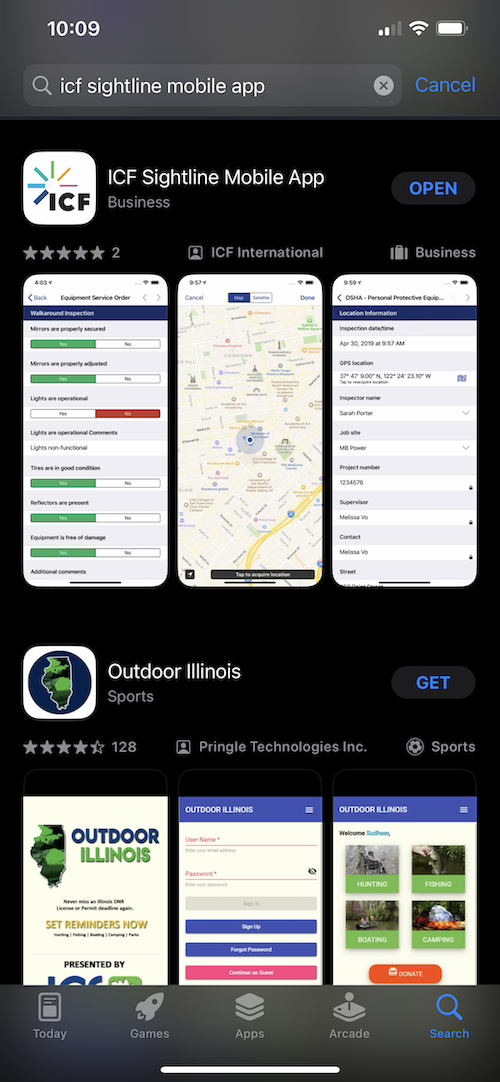 screenshot of the ICF Sightline Mobile iOS app