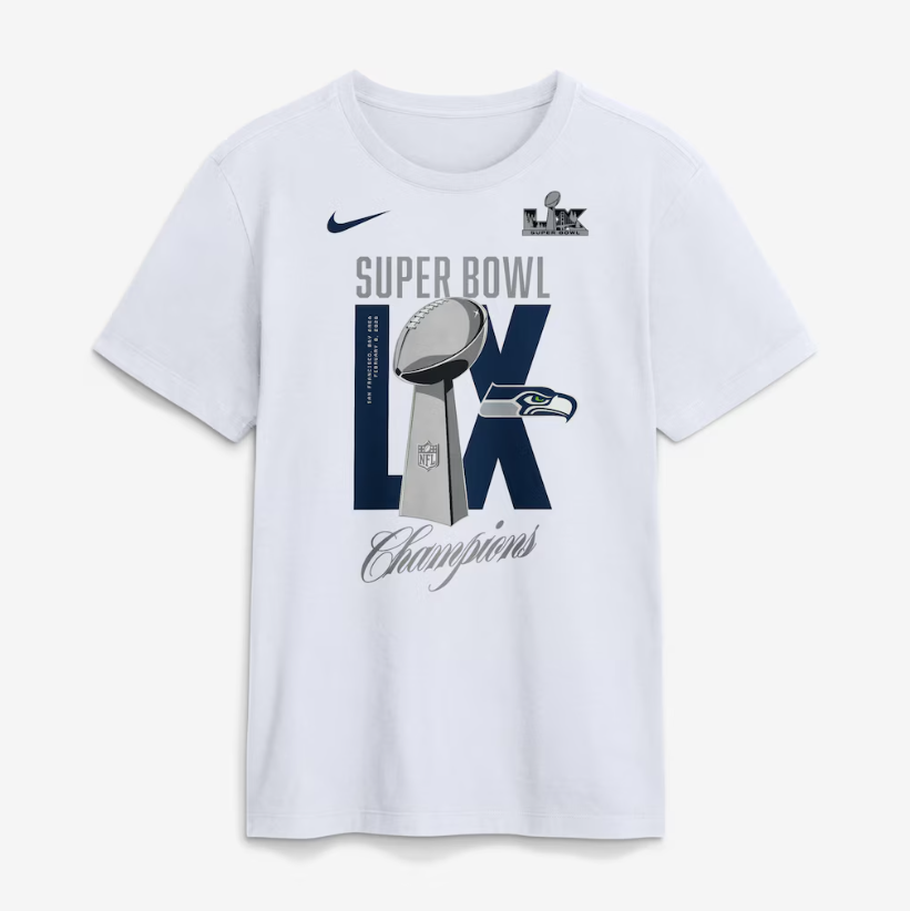 NIKE WHITE SUPER BOWL LX CHAMPIONS LOMBARDI TROPHY T-SHIRT
