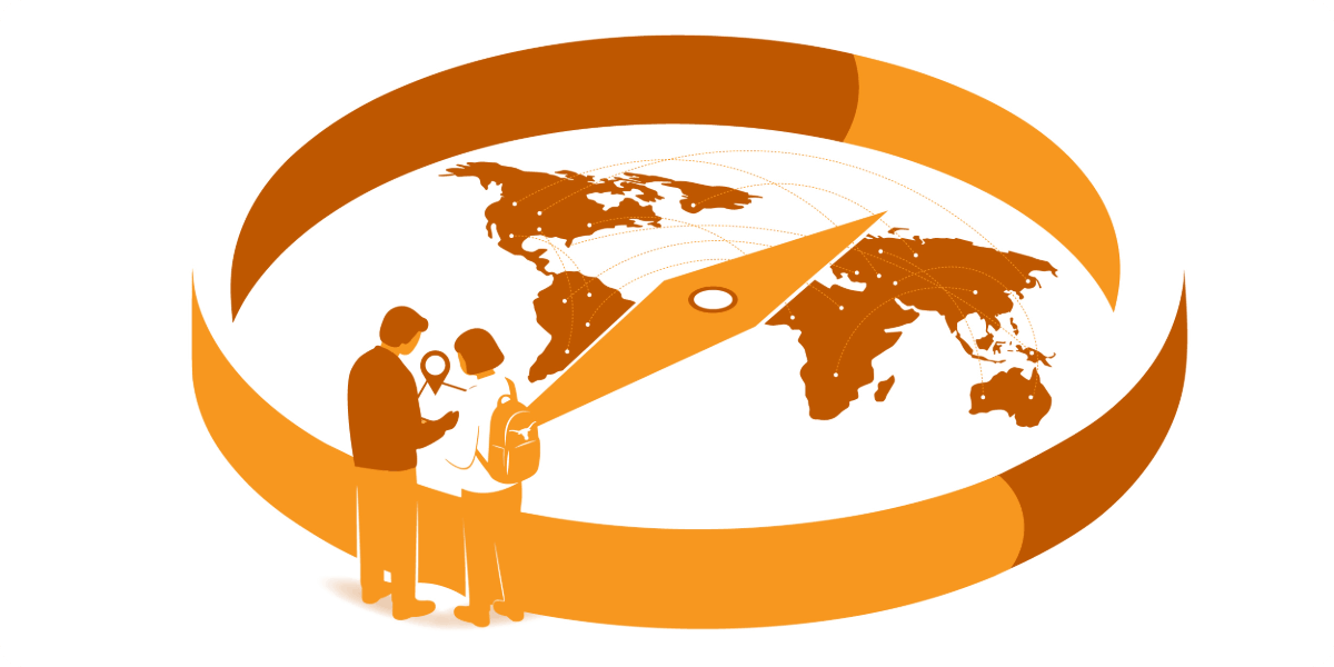 Illustration of a mentor and student looking at a compass map