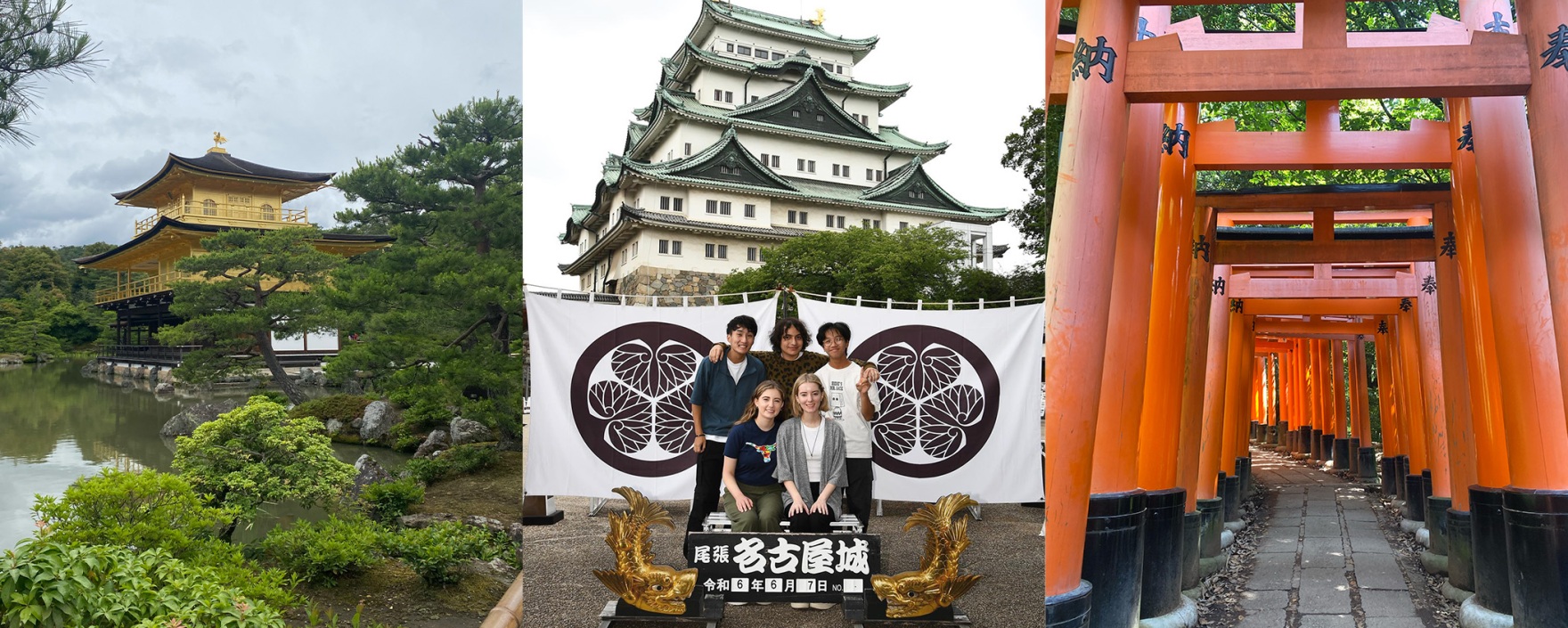 Collage of students outside of Japanese castle and multiple prefectures