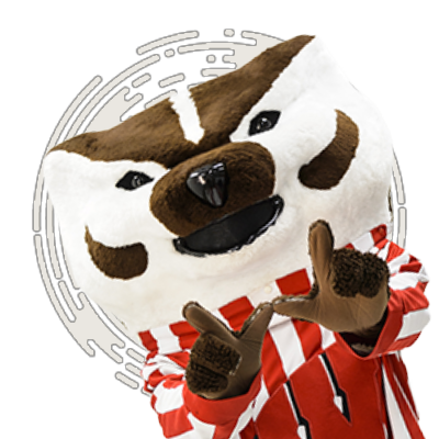 Bucky Badger making a "W" with his fingers