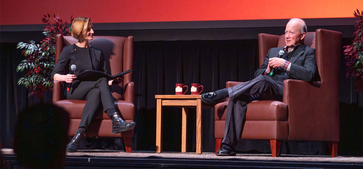 Mitch Daniels answers a question from La Follette Director Susan Yackee.