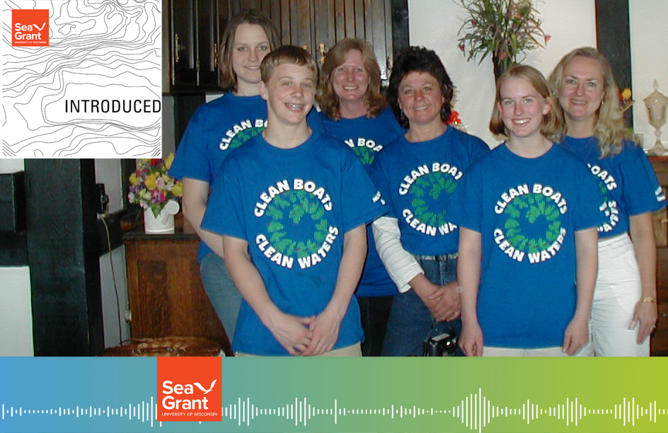 Photo of smiling students and mentors from the original Clean Boats, Clean Waters crew - photo includes the logo for Sea Grant's podcast Introduced
