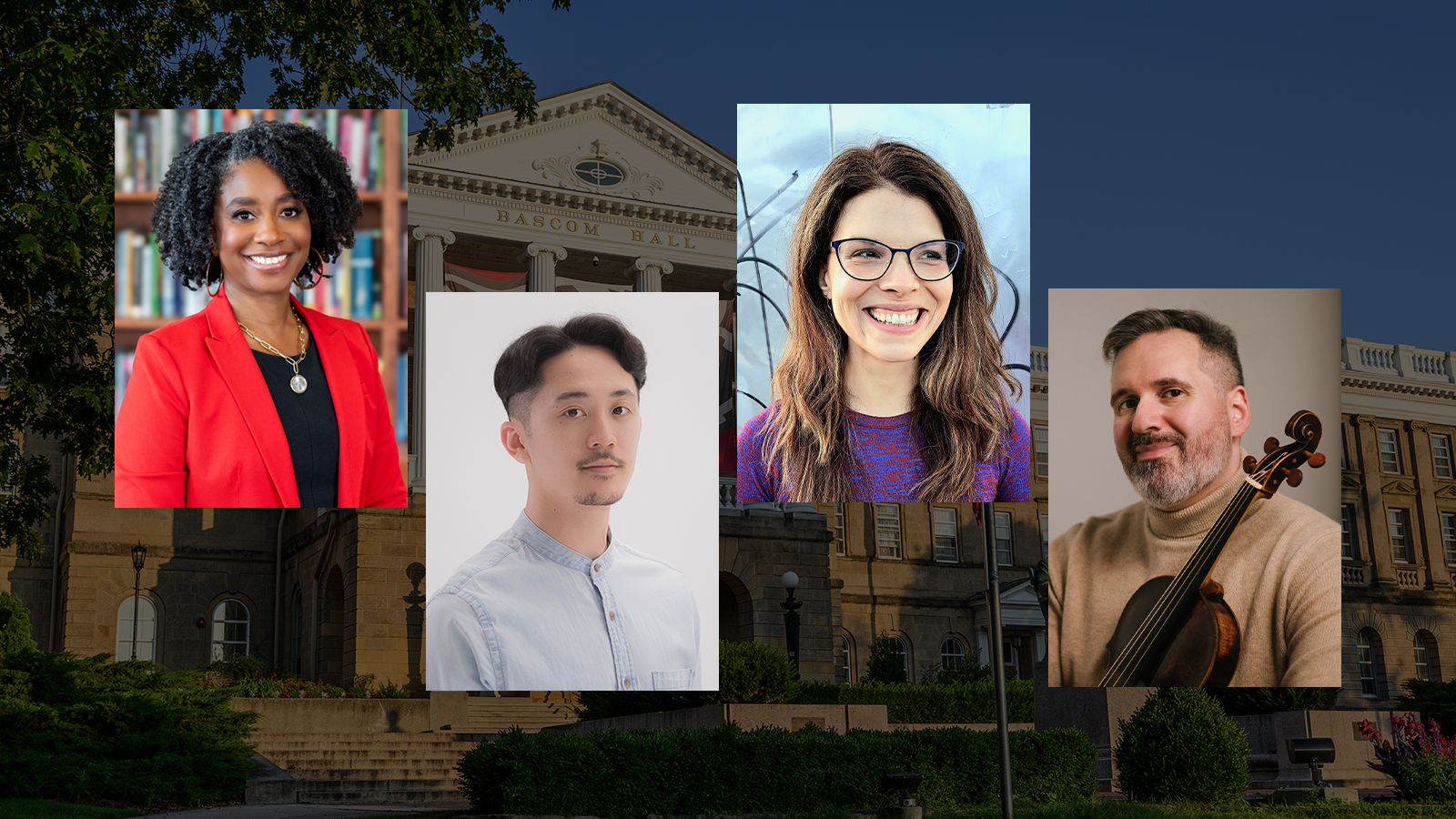 Headshots of four UW–Madison faculty are pictured against a darkened image of Bascom Hall