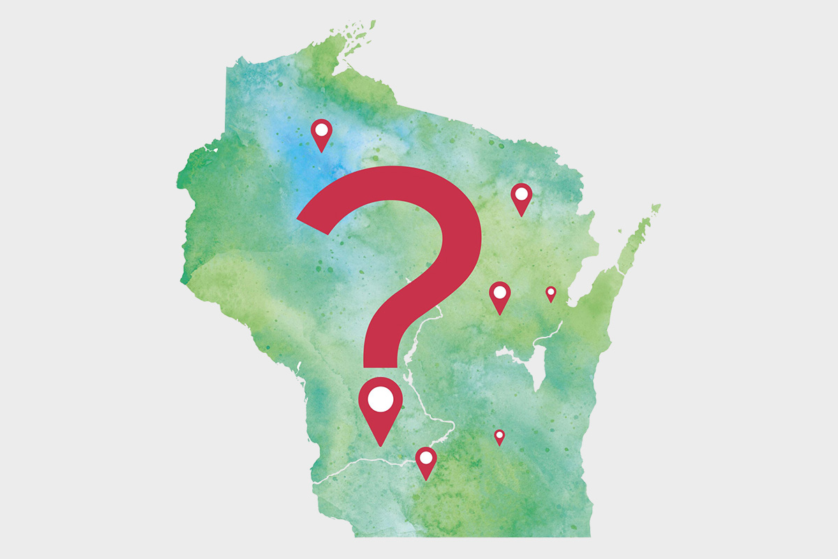 Illustration of the state of Wisconsin and pin-points identifying L&S impact stories across the 72 counties