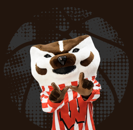 Black basket ball background with Bucky Badger making a 'W' with his hands. 