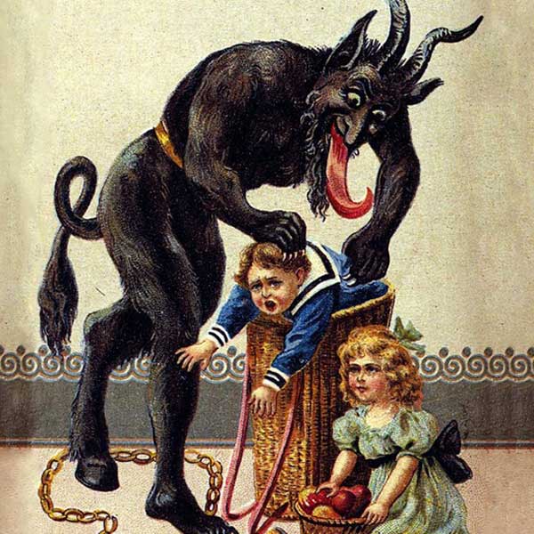 Vintage illustration of Krampus punishing a naughty child. 