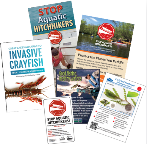 Covers of several overlapping publications about aquatic invasive species.