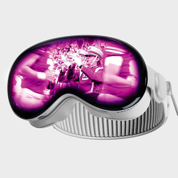 VR Headset with University of Wisconsin Marching Band performing in it.