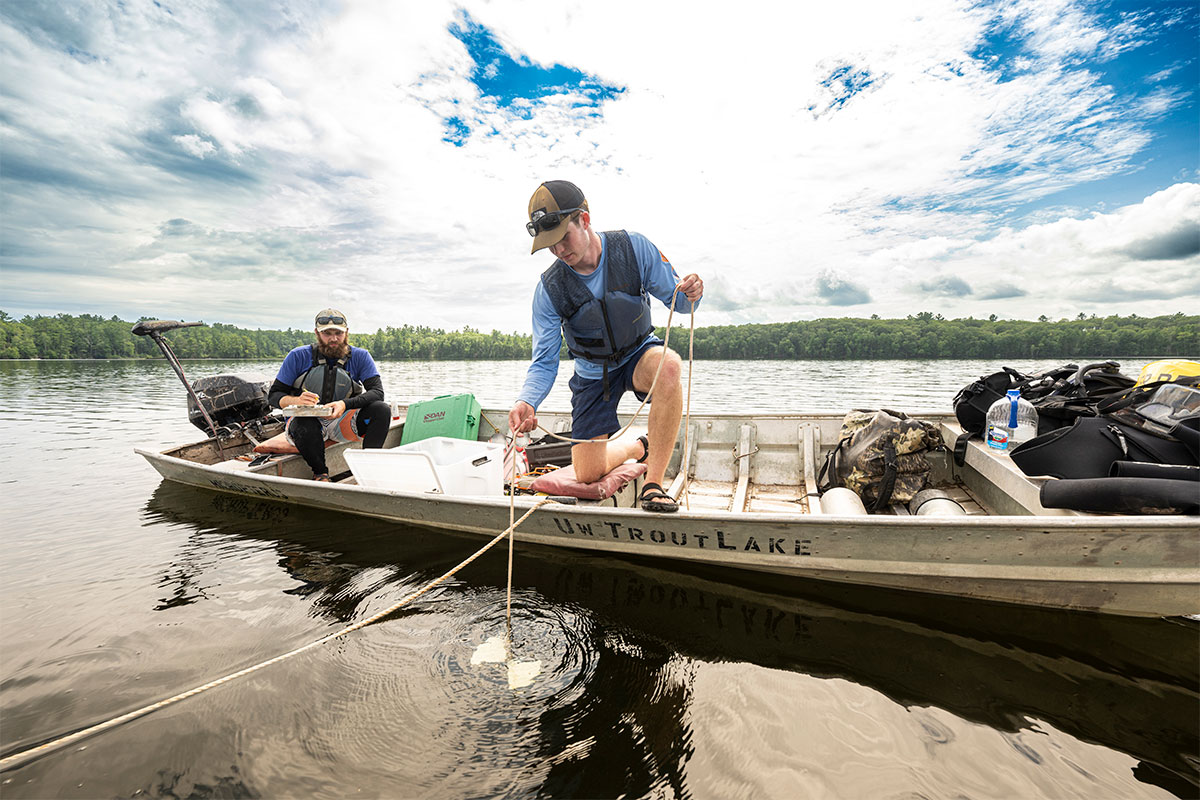 Student researchers collect and test water samples on Escanaba Lake