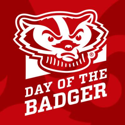 Day of the Badger logo with a white outline of Bucky Badger on a red background