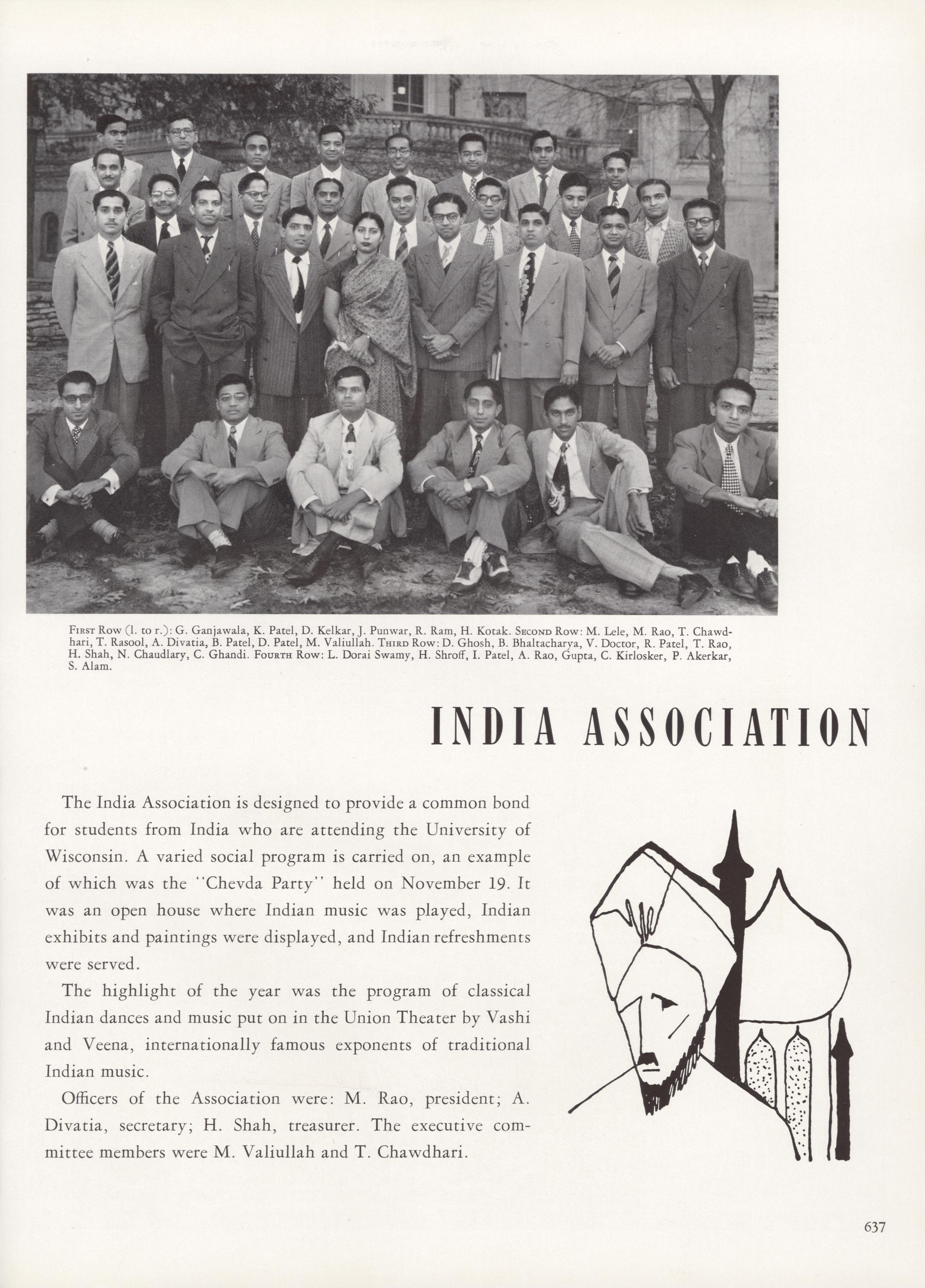 A yearbook page with black and white group photo, text and an illustration of an Indian man