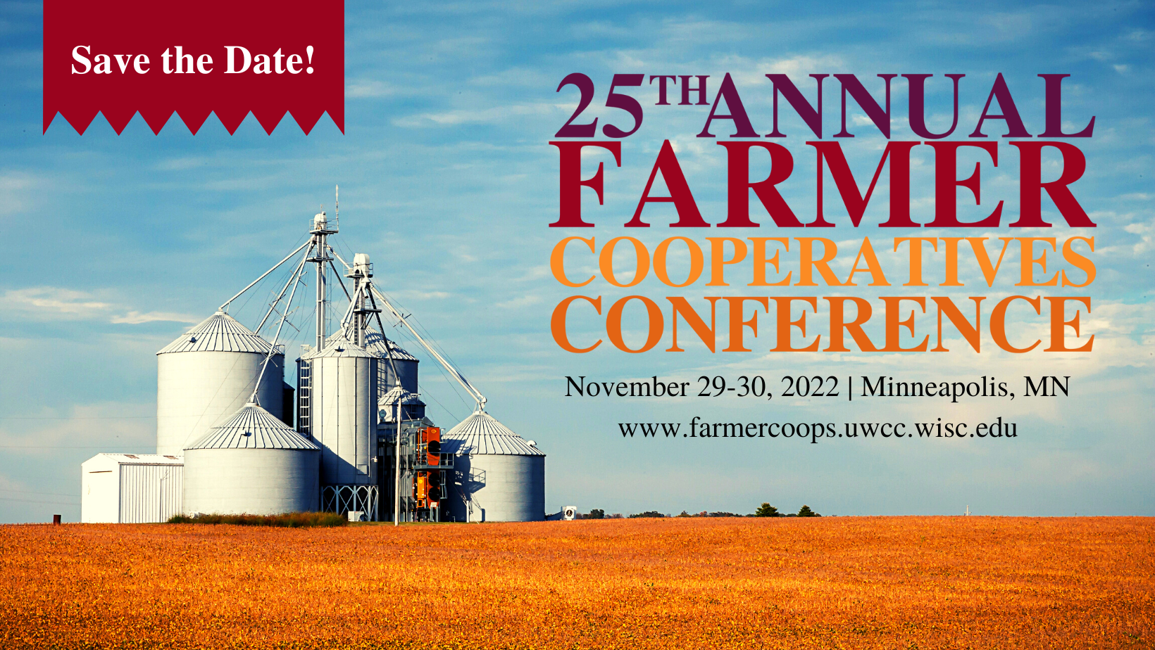 Horizontal picture of grain elevator with field of harvested grain. 23th annual farmer cooperatives conference, November 29-30, 2022, Minneapolis, MN.
