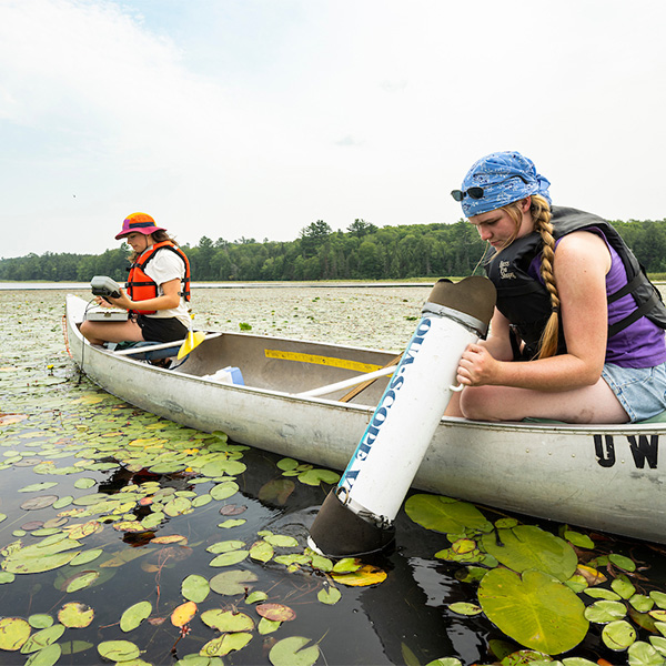 Students collect data as part of a wild rice study at Allequash Lake 
