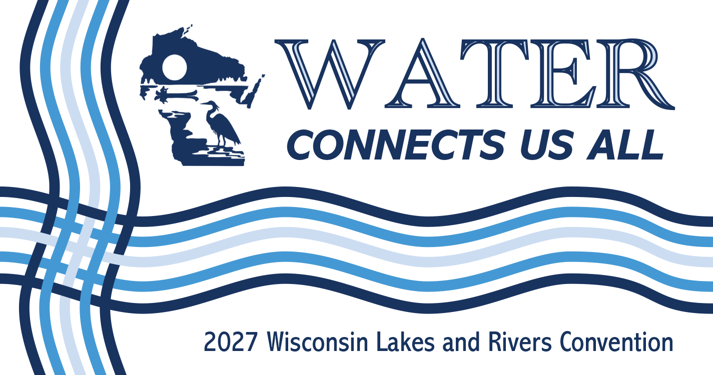 artwork of five vertical wavy lines in different shades of blue woven with five of the same color horizontal wavy lines. Above and to the right of the intersecting lines includes a dark blue logo shaped like Wisconsin with a silhouetted canoer and waterbird with a cutout of a circle for the sun. "WATER CONNECTS US ALL" appears next to the logo