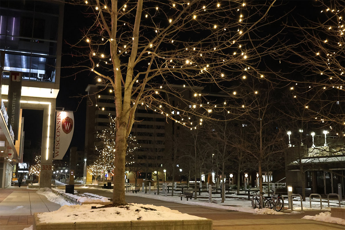 E Campus Mall lights at night with snow