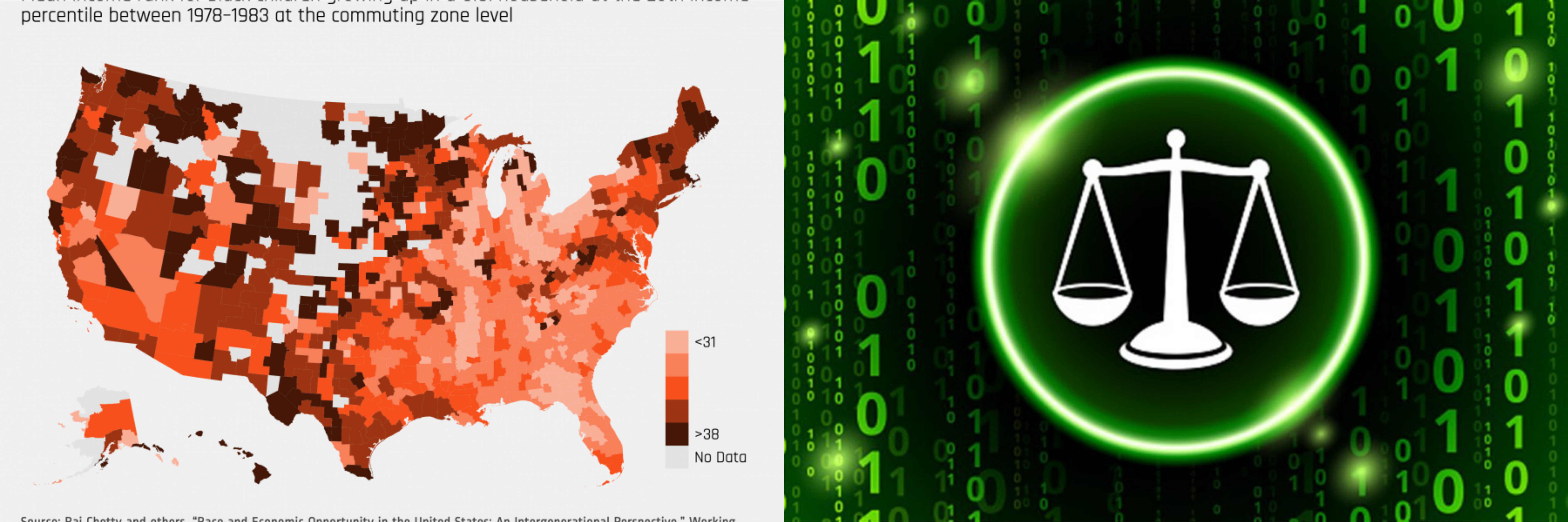 On the left, a map of the United States with areas in varying shades of red. On the right, a balanced scale in a green circle on a black background.