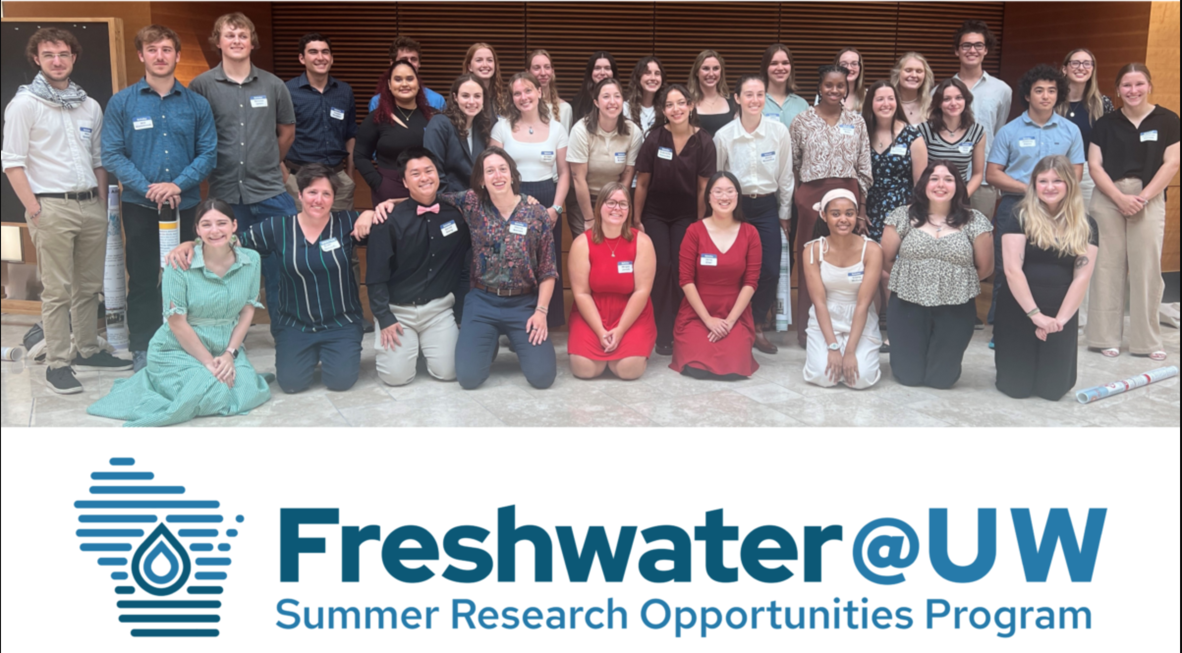 Image shows a group of people in three rows smiling. At the bottom of the image is the logo for the Freshwater@UW Summer Research Opportunities Program.