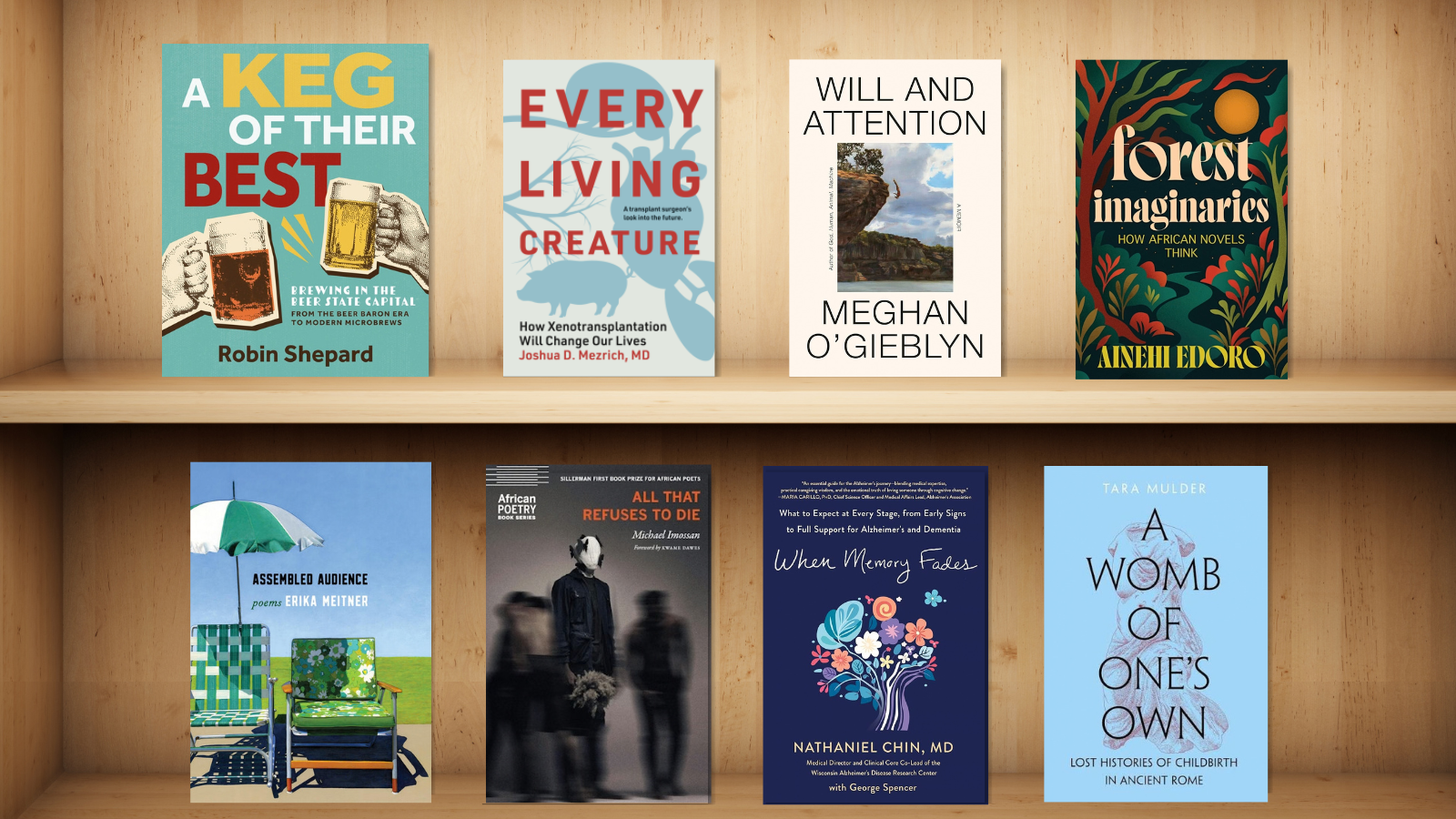 eight books on a wooden bookshelf