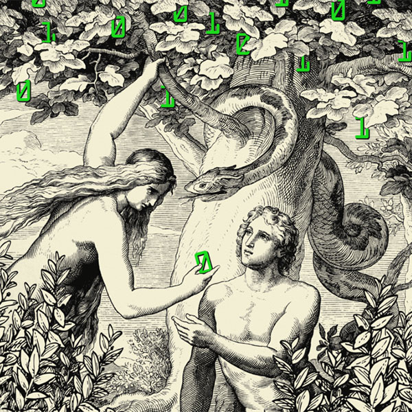 Illustration of Adam and Eve being tempted by 1s and 0s data