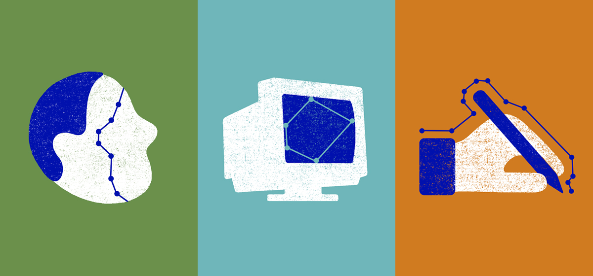 Illustrations of AI technology interacting with human iconography. 