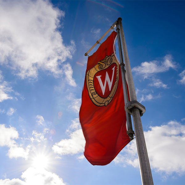 UW–Madison Crest banner blowing in the wind.
