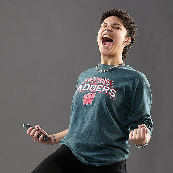 Maya Hysaw cheering in badger gear.