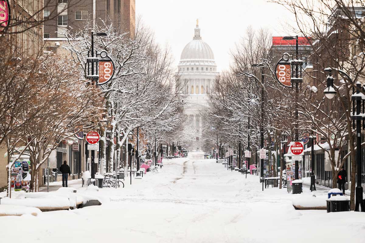 A snow-covered State Street near UW-Madison campus.