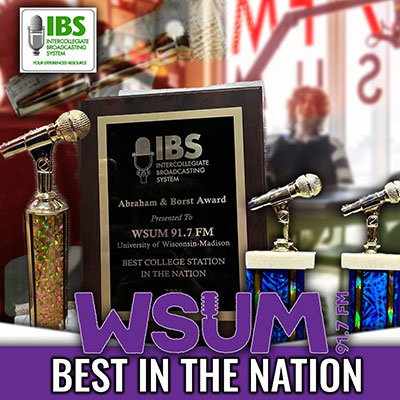 Trophies and an Intercollegiate Broadcasting System plaque recognizing WSUM 91.7 FM at the University of Wisconsin–Madison as Best College Station in the Nation.