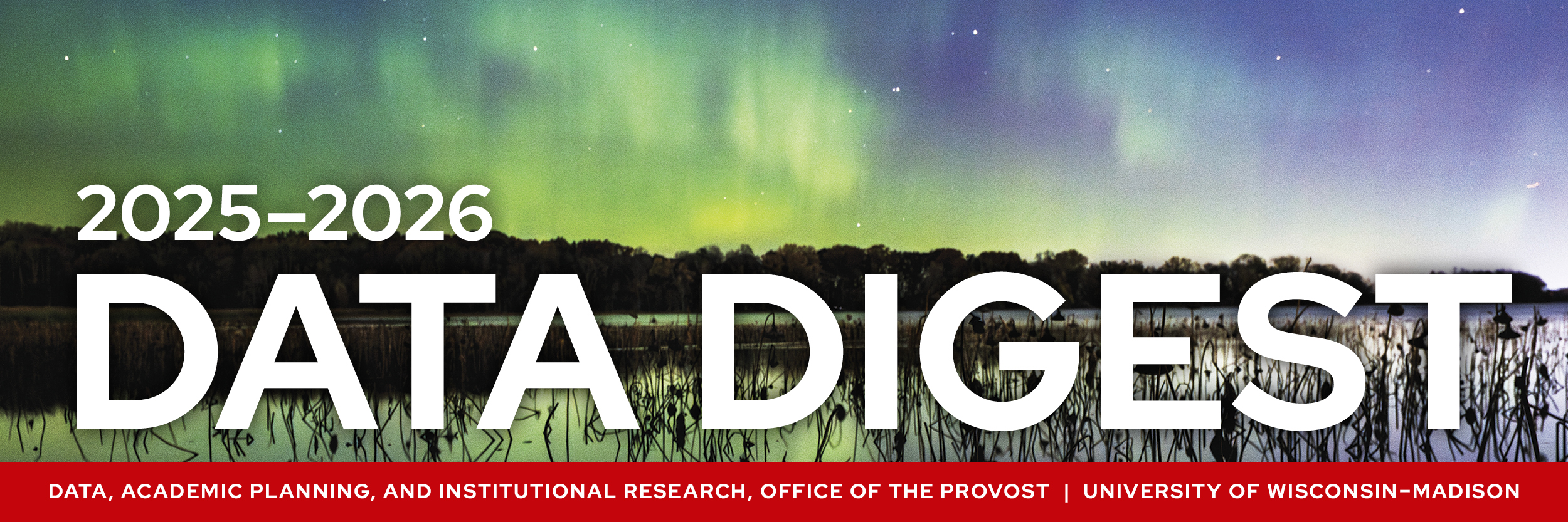 Cover of the 2025-2026 Data Digest with is Lake Mendota surrounded by the northern lights. 