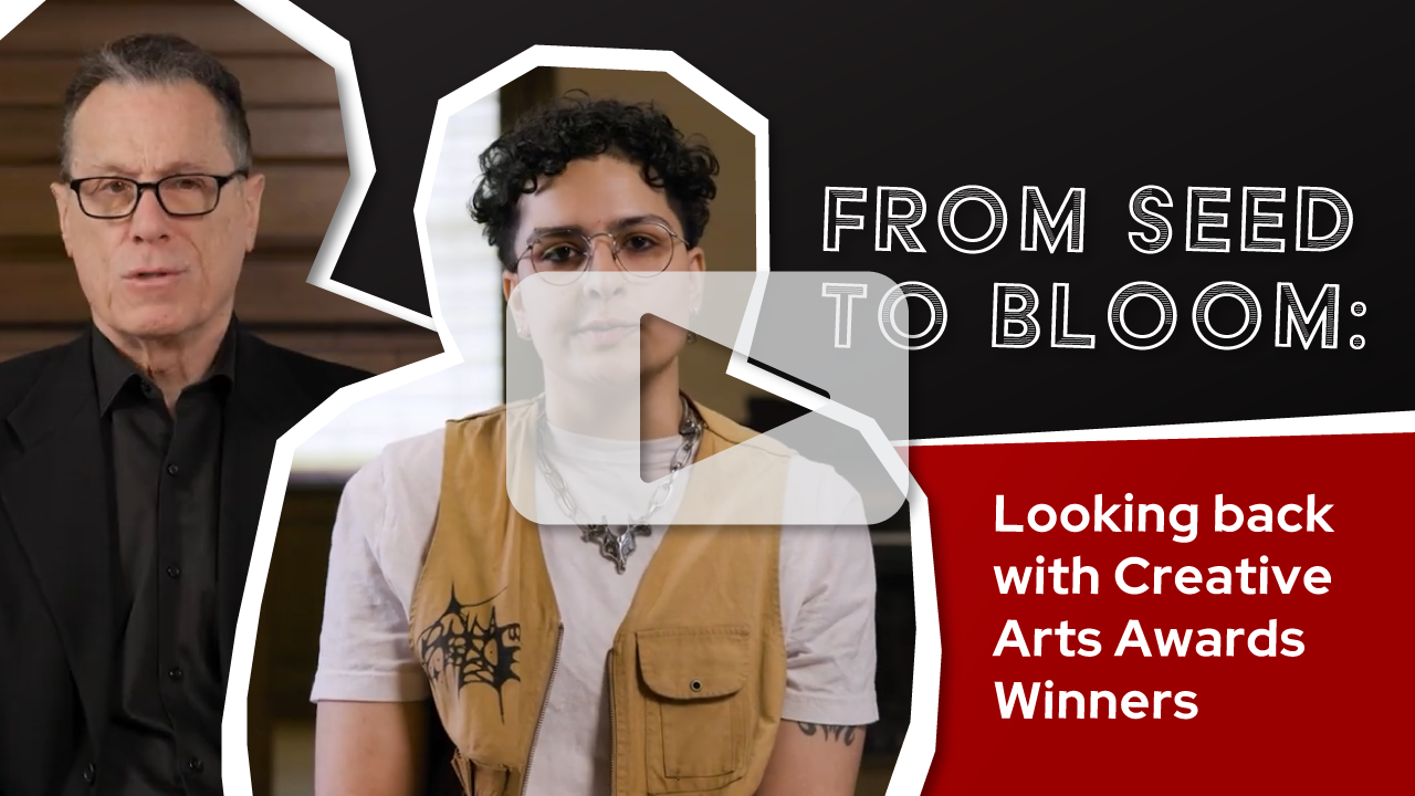 Video thumbnail shows Professor Doug Rosenberg and undergraduate Creative Arts Award winner Diya Abbas