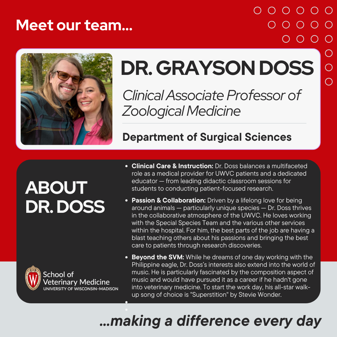 Informational graphic introducing Dr. Grayson Doss, Clinical Associate Professor of Zoological Medicine, University of Wisconsin-Madison. Features a photo of Dr. Doss smiling alongside a woman. Text highlights his roles in clinical care, passion for unique species, and interest in the Philippine eagle. The graphic’s tone is warm and professional with a red and gray color scheme.