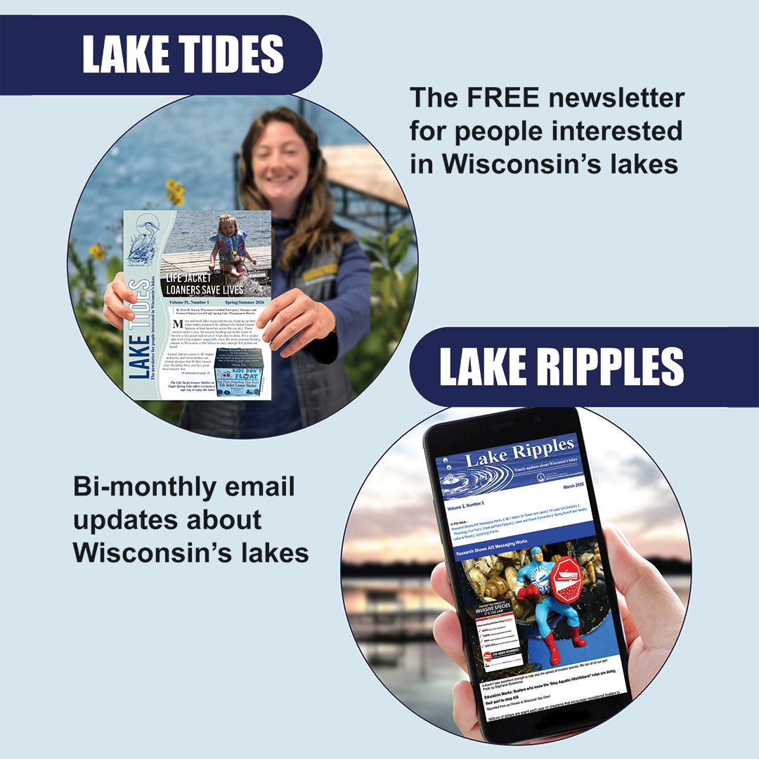 Two round photos - one with a smiling young woman on a sunny lake shoreline holding out a copy of the Lake Tides newsletter. The other of a hand holding a phone with the Lake Ripples e-newsletter on the screen.
