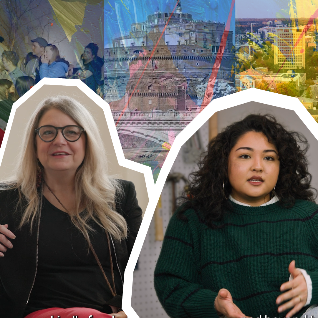 Collage style image shows Professor Laura Schwendinger and MFA candidate Mariah Moneda against a colorful background.