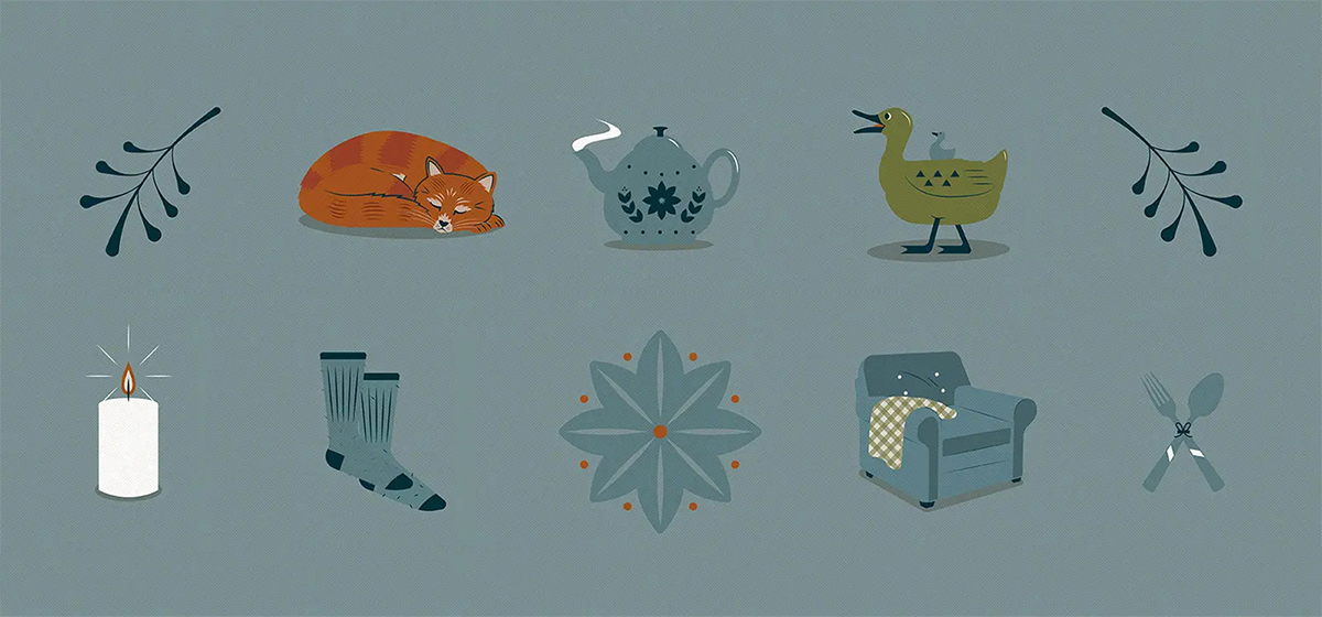 Cozy illustrations of items related to the Danish concept of Hygge.