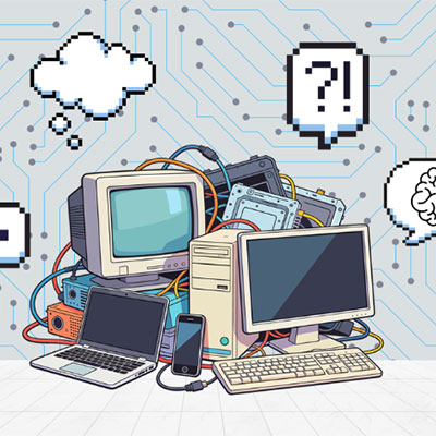 An animated image of a pile of computers, laptops, computer processors, and wires with thought bubbles and speech bubbles around the pile