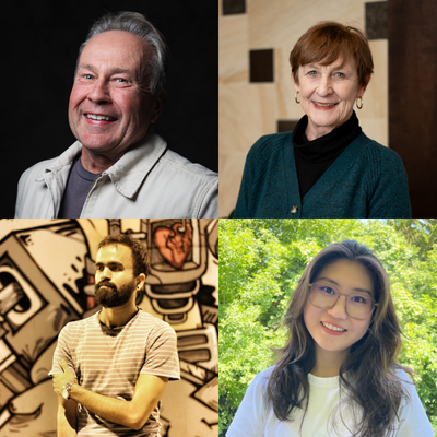 Four-square collage of headshots featuring four instructors. Top left: a smiling man with gray hair wearing a light jacket against a dark background. Top right: a woman with short auburn hair wearing a teal sweater and black turtleneck, standing indoors. Bottom left: a bearded man in a striped T-shirt standing with arms crossed in front of a mural-style illustration wall. Bottom right: a woman with long dark hair and glasses smiling outdoors with green trees in the background.