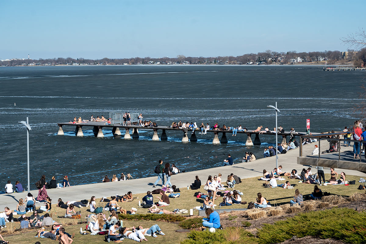Students enjoying spring warm weather at Memorial Union Terrace.