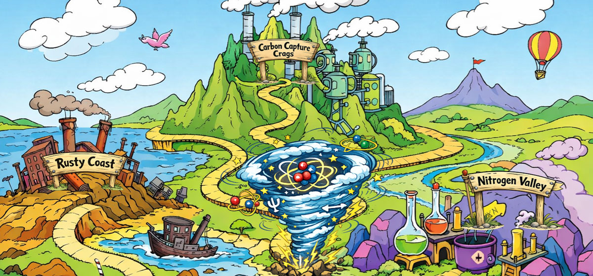 Candyland boardgame inspired ChatGPT generated illustration with the three grand challenges of corrosion, carbon capture and fertilizer depicted as locations on the game board map.