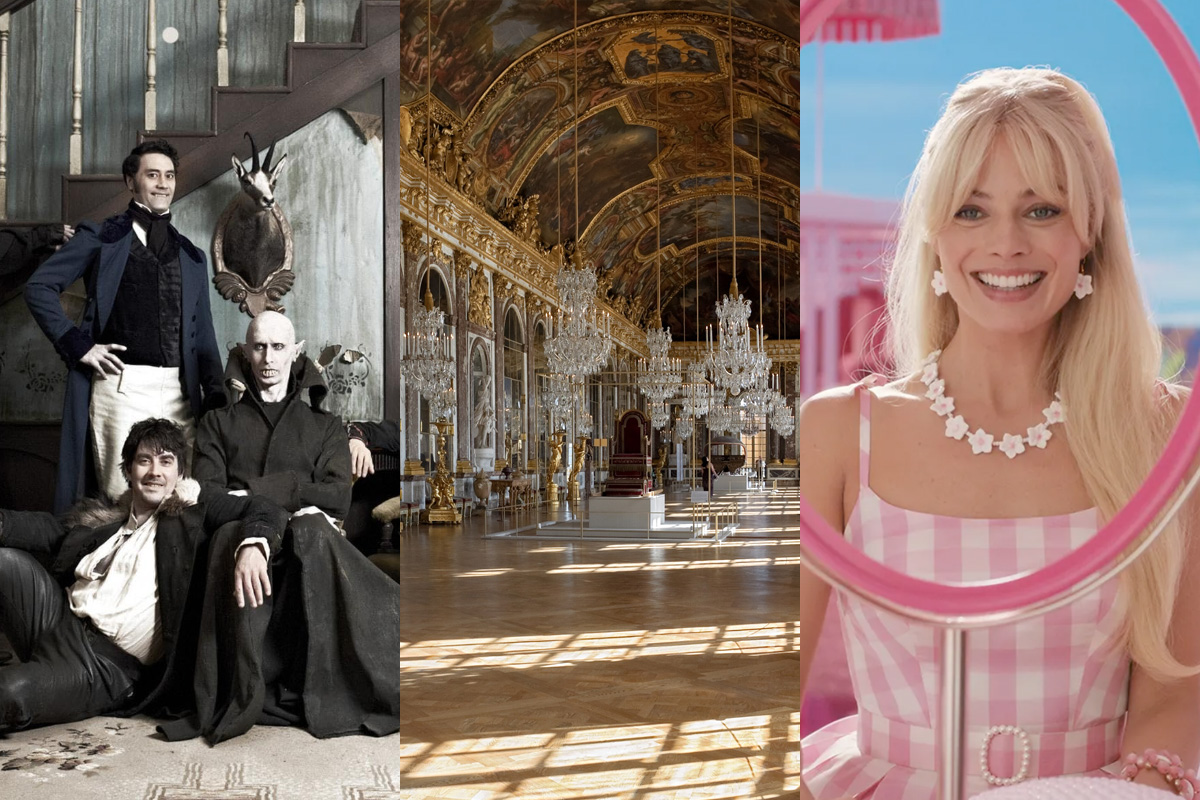 Collage made of images from 2014 vampire film What We Do in the Shadows, interior of the Palace of Versailles and the 2023 film Barbie.