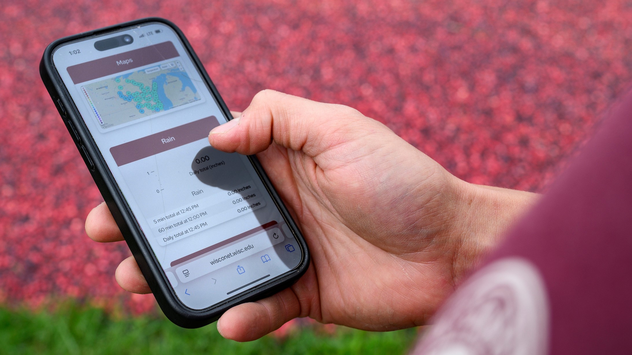 A person holds a phone and uses Wisconet.